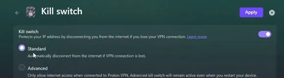 The kill switch settings screen in the Proton VPN Windows app, with the switch turned on and two choices, Standard and Advanced